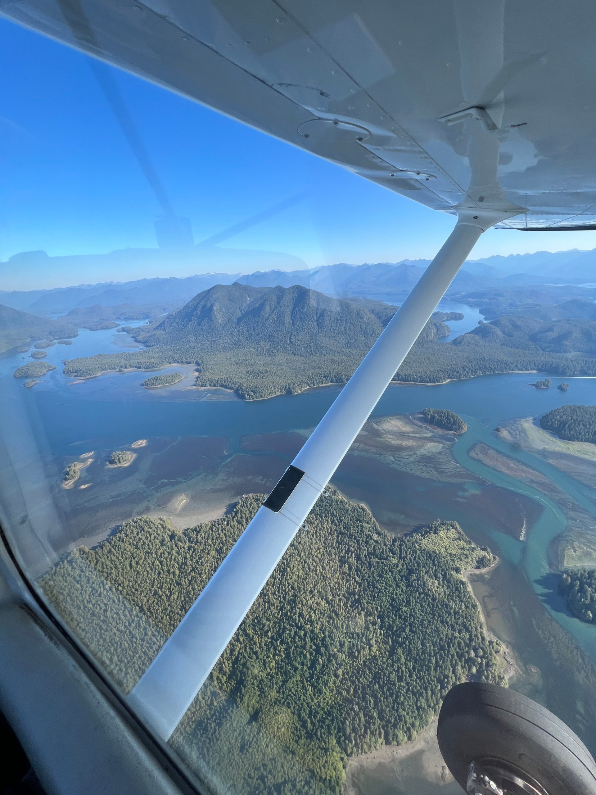 Tofino and the surrounding islands as seen from a plane