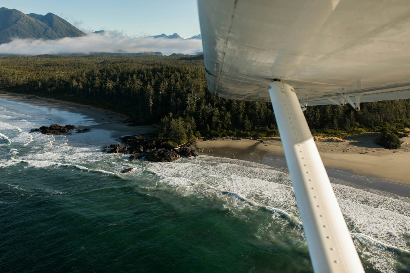 A beach in Tofino as seen from a plane