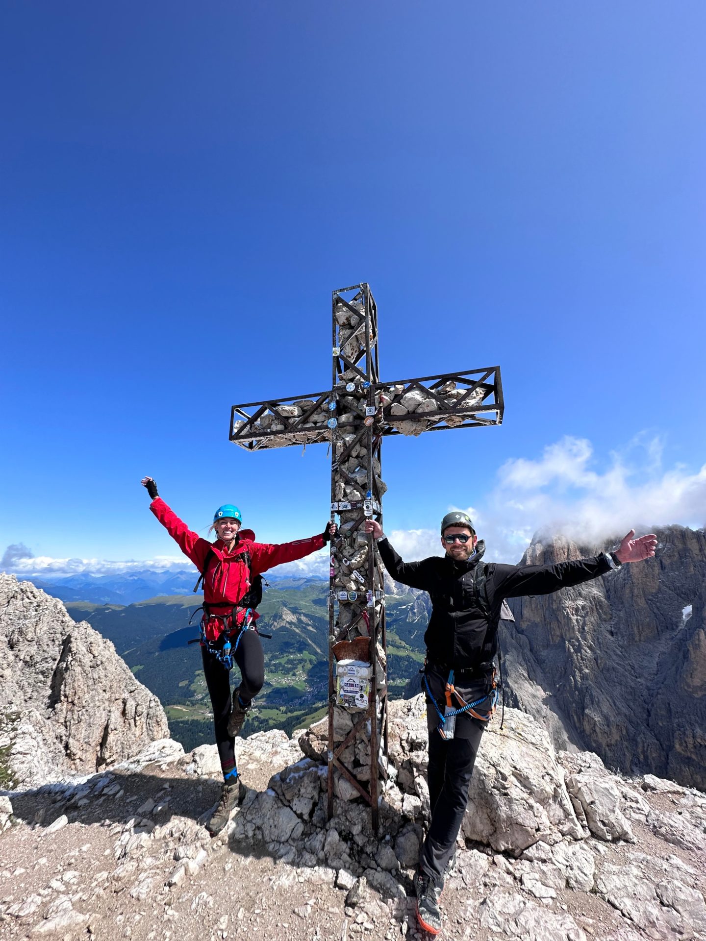 Zanna van Dijk and a friend at the summit of a mountain in the Dolomites