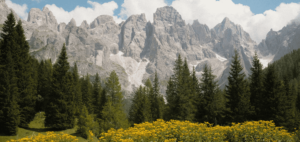 A landscape view of a mountain range in the Dolomites